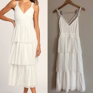 Tier Perfection White Swiss Dot Ruffled Midi Dress